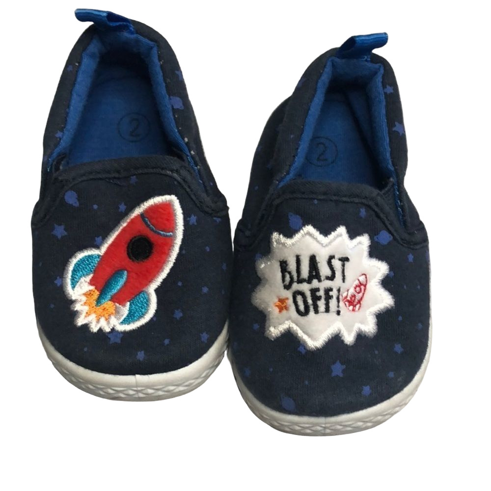 🍭6/$30 Baby Boy Size 2 Rocket Ship “Blast Off” Slip-On Shoes